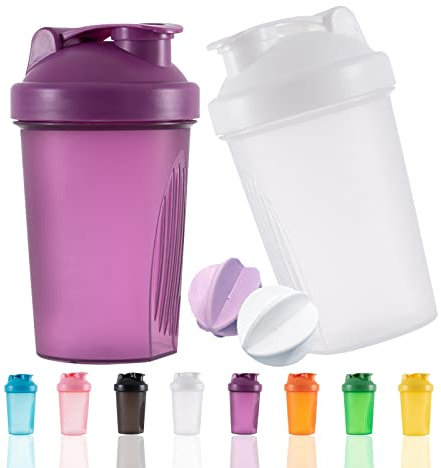 YAYAYOUNG Protein Shaker Flasche 400 ml Auslaufsicher, BPA Frei, Eiweiß Shaker für Supplement Shakes mit Sieb & Skala, Fitness Mixer für cremige Whey Proteinpulver Shakes, (Weiß+Lila(2PCS)