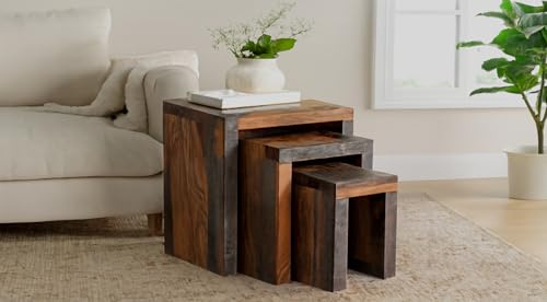 Oak & Pine Online Cube Sheesham Rosewood Goa Nest of 3 Tables | Solid Wood Nesting Tables | Fully Assembled Dark Stain Finish | Handcrafted Wooden Side, Coffee & End Tables for Living Room & Bedroom
