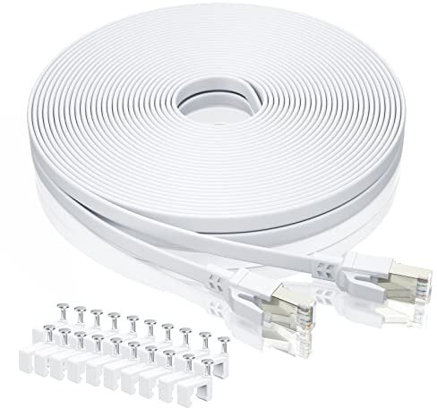 BAHIWOM Câble Ethernet Cat8 30m avec clips, 40 Gbit/s 2000 MHz LAN Gigabit RJ45 plaqué or, câble de raccordement plat haut débit pour routeur, pour commutateur, pour ordinateur portable- blanc