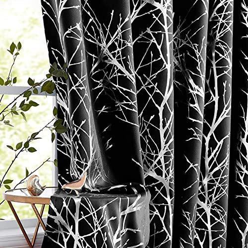 FMFUNCTEX Schwarz Silber Blickdichte Vorhänge Metallic Zweig Muster Verdunkelungsvorhänge mit Ösen Thermovorhang Hitzeschutz Gardinen für Wohnzimmer Schlafzimmer 2er Set, 225 x 132 cm (H x B)