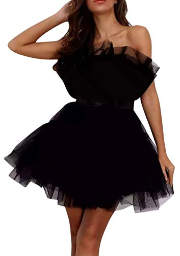 QWUVEDS Abito da donna in tulle, corto, gonfio, senza spalline, in rete, per feste di compleanno, per cocktail party, Poofy Gown, Nero , M