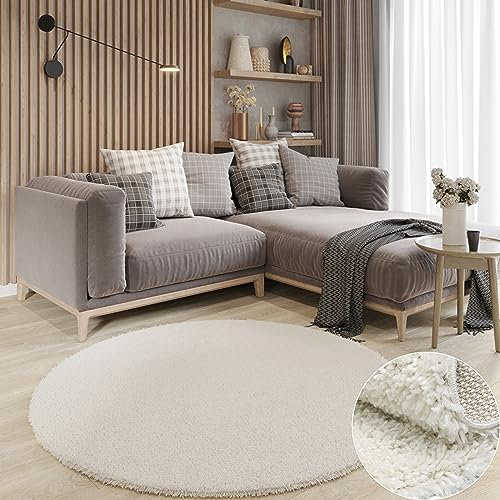 MY-RUG Teppich Shaggy Star Hochflor rund Creme 100 x 100 cm - Schlafzimmer Teppich, Langflor, Pflegeleicht