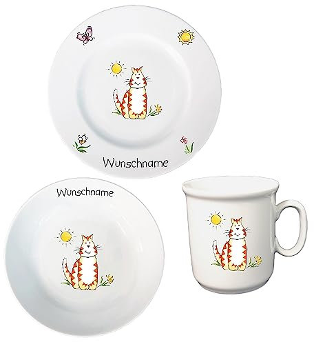 Kindergeschirr personalisiert - Frühstücksservice 3-tlg. Porzellan Teller Becher Schale personalisierbar mit Wunschname Name Frühstücksset mit Namen personalisiert (Katze)