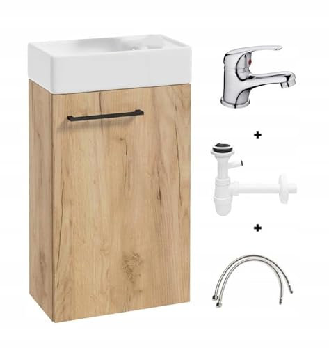 .Deftrans Domodomo Badezimmerschrank mit Waschbecken, Waschbeckenschrank 40 x 60 x 21,3 cm, Keramik-Waschbecken-Set, Wanddschrank für kleines Bad - Hängeschrank mit Waschbecken für das Gästebad