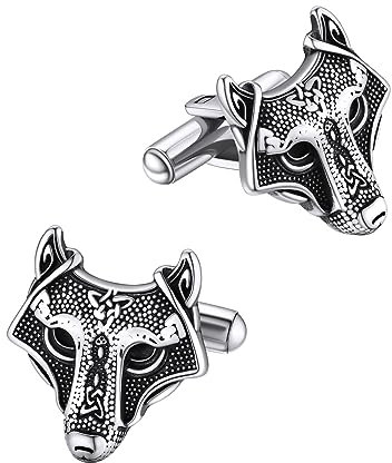 FaithHeart Edelstahl Manschettenknöpfe für Herren, Silber Wolfkopf Manschetten Knopf, Wikinger Stil Cufflinks, Bestes Geschenk für Bräutigam Freuden Ehemann Vater