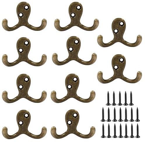 Kemcatui 10 Pack Antique Brass Double Prong Hooks - Heavy Duty Hooks for Wall Mounted Hanging Coats, Scarves, Bags, Towels, Keys