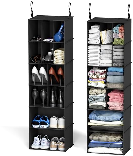 SpaceAid 2 Pack Hanging Closet Organizer and Storage with Dividers, 24 Compartments Hanging Shoe Shelves for Closet, Wardrobe, RV, Garment Rack - Black