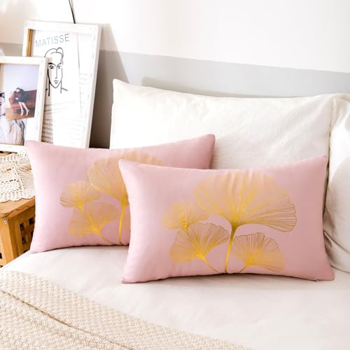 Set di 2 Federe Cuscini Divano in Velluto 30x50 Rosa Federe per Cuscini Oro Ginkgo Biloba Decorativi Copricuscini Divano Moderni Federe per Cuscino per Soggiorno Camera Balcone Decorazione