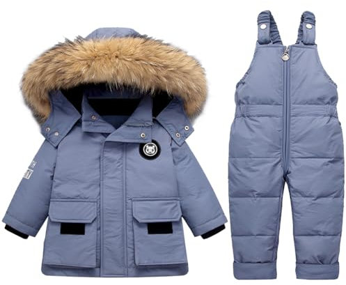 Acuryx Tuta da Neve 2 Pezzi da Bambini Ragazzi Capppotto in Piuma con Cappuccio Pellicia + Salopette da Neve Bambina Giacca Invernale Impermeabile Blu 18-24 Mesi
