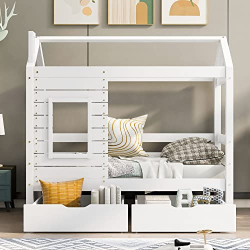 MQLAE Kinderbett Hausbett 160x80 mit Rausfallschutz, vielseitiges Holz Jugendbett für Jungen & Mädchen, Massivholz Kinder Bett mit Rausfallschutz Fenster und Lattenrost, Bettkasten mit Rollen, Weiß