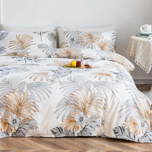 Michorinee Housse de Couette Gris et Blanc 140x200 Parure de Lit Motif Feuilles Doré en Microfibre - Linge de Lit 1 Personne Adulte avec Fermeture Éclair, Taie d'oreiller 65x65 cm