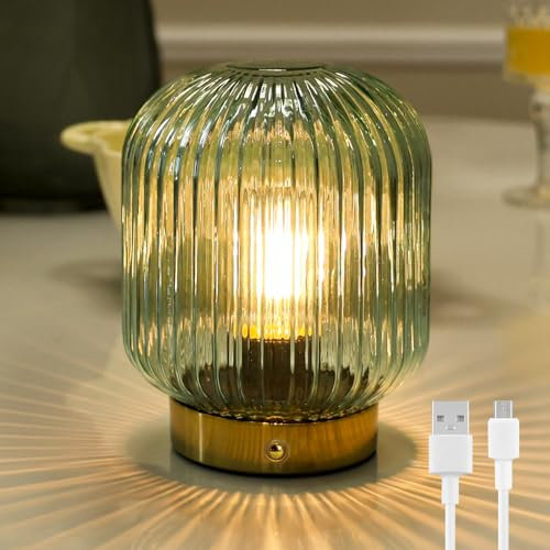 MJ PREMIER Wiederaufladbare Tischlampe Kabellose, Akku LED Tischleuchte mit Touch-Schalter, Dimmbare Tischlampe aus Glas, Dekorative USB Aufladbar Lampe, Notlampe für Stromausfall, Grün