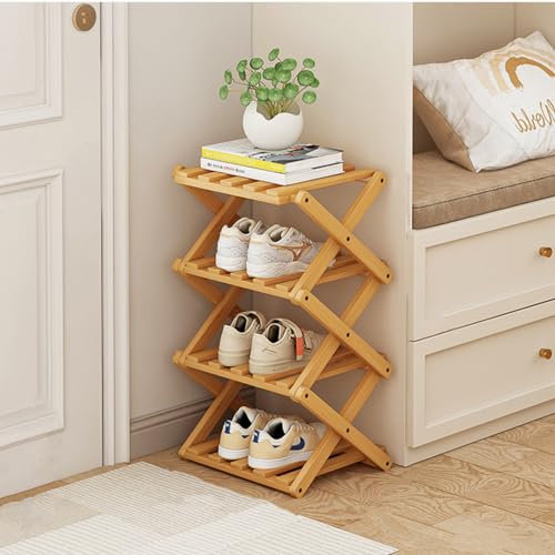 XZXWZX Scarpiera, Scaffale Pieghevole in Bambù per Scarpe, Scaffale per Ingresso, Armadio, Camera da Letto, Corridoio, Naturale, Funzionale, Multifunzionale (colore legno), 4 Strati.