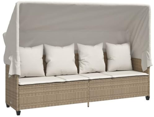 vidaXL Sonnenliege, Liege mit ausziehbarem Sonnendach, Gartenliege mit Verstellbarer Rückenlehne Fußstütze, Sonnenbett Gartenmöbel, Beige Poly Rattan