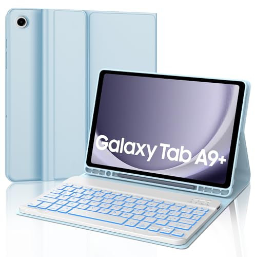 JADEMALL Custodia con Tastiera per Samsung Galaxy Tab A9 Plus 11 2023, Italiana QWERTY Tastiera Retroilluminata Bluetooth con Portapenne per Tablet Samsung A9+, Cielo blu