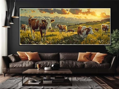Malen Nach Zahlen Kuh Kuh Malen Nach Zahlen Erwachsene, DIY Set Ölgemälde Malen Nach Zahlen XXL, Acrylfarben Painting by Numbers Bastelset, für Geschenk Wanddekoration, 50x100cm (Ohne Rahmen)-YH729
