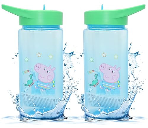 2X George Pig Kids Water Bottle with Straw, 420ml BPA-Free Leakproof Sports Bottle for Kids 6+ Months - Blue Plastic Square Drink Bottle for Gym, Fitness, and Outdoor Activities
