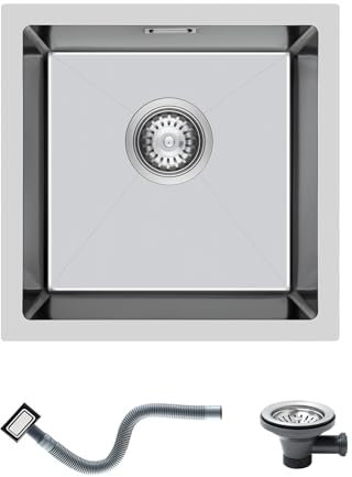 KINKIBOS Fregadero de cocina de acero inoxidable 304 de 35 x 40 cm, fregadero pequeño de una sola cubeta con desbordamiento, montaje inferior y empotrado (sin tubo de drenaje), 1 cuenco, cepillado