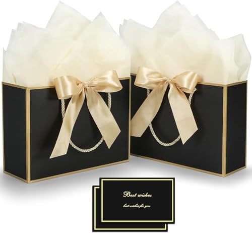 FLUETOOD Sacchetti Regalo di Carta con Manici, 2 Sacchetti Regalo Medi con 2 Biglietti D'auguri e 2 Fiocco e 4 pezzi di Carta da Imballaggio per Feste Matrimoni Natale Compleanno (28x20x10cm)