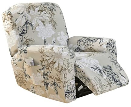 EBETA Sesselhussen Stretchbezug für Relaxsessel Komplett Sesselschoner, 4-Teilig Elastisch Relaxsessel Bezüge Stretch Sesselbezug mit Taschen für Fernsehsessel Liege Sessel (Blume)