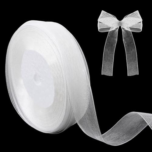 Aeaocvo Weiss Chiffon Geschenkband, 20 mm Breit Weiß Organzaband, 45 m Durchscheinende Geschenkband Organza für Weihnachten, Hochzeiten, Festgeschenke, Geburtstag, Geschenk Dekorationen