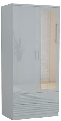 URBAN FURNISHING High Gloss Wardrobe with Mirror & Drawers – 2 Door Modern Wardrobe with Hanging Rail - Storage Cupboard for Bedroom (Grey)