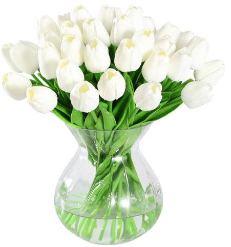 JUSTOYOU 40 Künstliche Tulpen Blumen,Fake Real Touch Latex Tulpe, Faux Blume Tulpe Hochzeit Sträuße für Hochzeit Home Garten Dekoration(weiß)