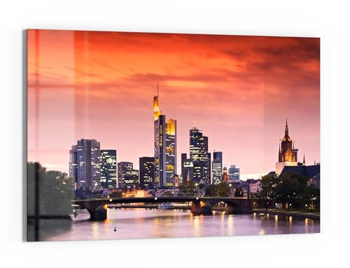 DEQORI Glasbild Echtglas | Motiv Frankfurt im Abendglanz | horizontal einteilig 90x60 cm | schöne Dekoration | Wandbild für Wohnzimmer, Schlafzimmer, Flur & Küche | moderne Wanddeko