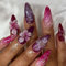30pcs Medium Length False Nails Almond Press on Nails Purple Pink Ombre Fake Nails 3D Flower Stick on Nails Removable Glue-on Acrylic Full Cover Nails Women Girls Nail Art Accessories