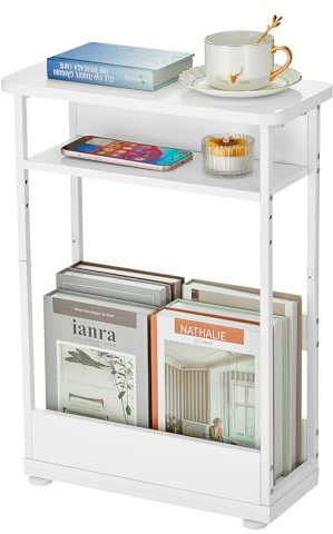 YEAKOO Narrow Side Table for Narrow and Small Spaces, Skinny Bedside Table Small Nightstand with Magazine Rack Space Saving (White, M)
