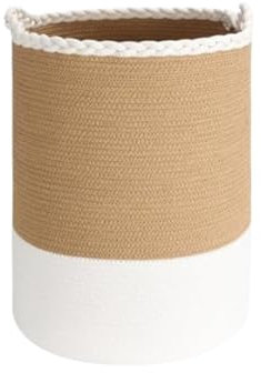 Cesto Ropa Sucia Tejida de Algodón, 57 L, Cesta Ropa Sucia con Asas, Cestas Almacenaje para Mantas, Juguetes, Habitación Infantil, Salón, Lavadero, Baño, Laundry Basket, 38x50 cm. (Camel y Blanco)