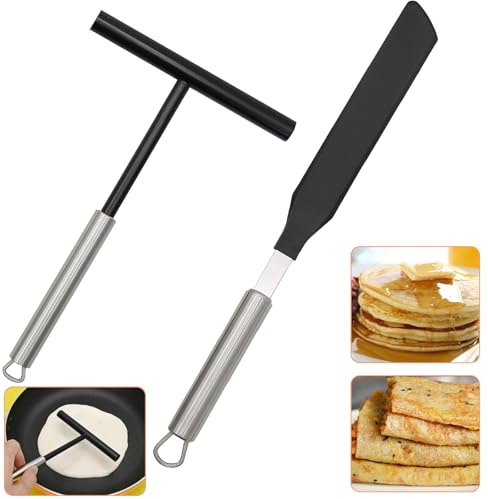 Juego 2 Distribuidores y Espátulas para Crepes, Distribuidor Crepes Acero Inoxidable, Herramienta Masa Panqueques, Kit Espátula Sarten Crepes para Cocina Hogar, Hornear, Restaurante, Crepera Electrica