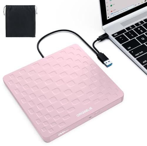 ORIGBELIE External CD DVD Drive for Laptop, USB 3.0 Type-C Ultra Slim 13mm DVD Player Portable CD DVD +/-RW Drive CD Burner Reader Writer Recorder for Desktop PC Windows 11/10/8/7 Linux Mac OS (Pink)