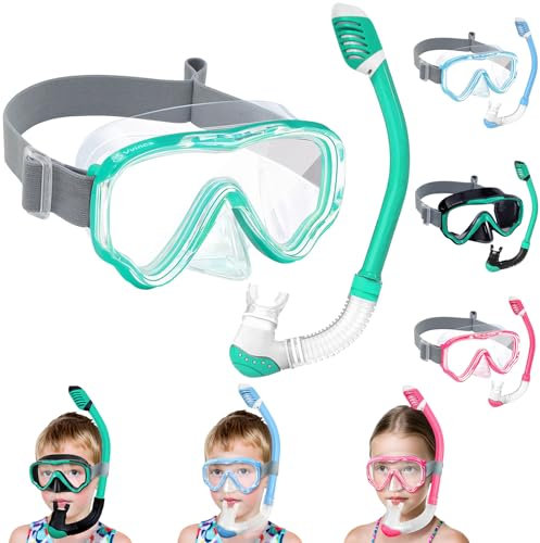 Vvinca Schnorchelset Kinder ab 4-14 Jahre Taucherbrille mit Schnorchel Tauchset Mädchen Jungs 180°Anti-Fog Anti-Leck Verstellbare Elastische Schwimmbrille Schnorchelmaske Dry Schnorchel Grün