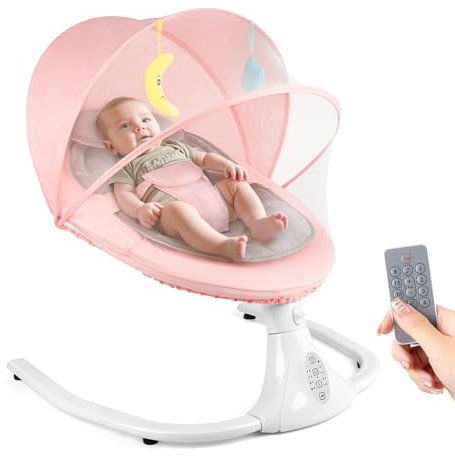 Electric Baby Bouncer Chair, Baby Swing Chair with Bluetooth, Remote Control, Mosquito Net, Removable Seat Cushion, 4 Speeds & 4 Timers, Swing from Birth for 6 Months (Pink)