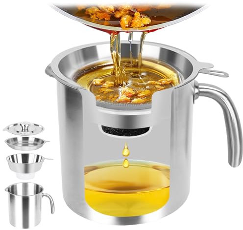 Cooking Oil Filter for Kitchen 304 Stainless Steel Oil Pot with Fine Mesh & Activated Carbon – Deep Fryer Grease Container for Reusable, Odour-Free – SAIERTE