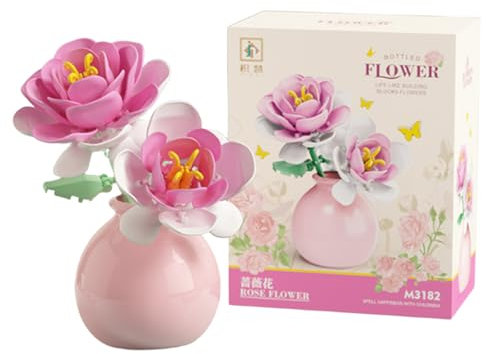 Building Blocks Plant Rose and Peony - Brick Flower Toy Set (Including Ceramic Vase), Diy Flower Bouquet Made of Environmentally Friendly Materials, Delicate Desk Decorations, gift giving preferred