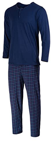 HEYO Schlafanzug Herren Lang Pyjama 100% Baumwolle Zweiteiliges Set Langarm Shirt Lange Karierte Pyjamahose