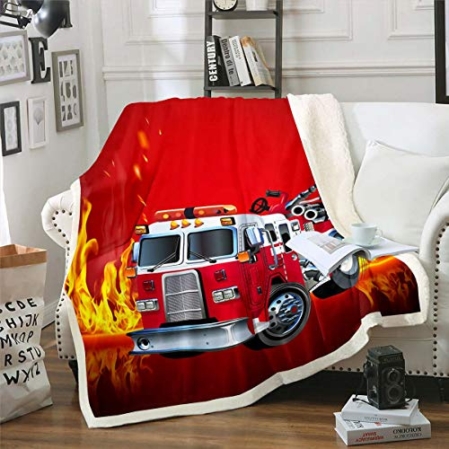 Homemissing Feuerwehrfahrzeug Kuscheldecke Feuerwehrmann Auto Fahrzeug Decke 100x130cm für Betthimmel Sofa Kinder Schlafzimmer Deko Feuerwehrleitfahrzeugmuster Wohndecke Rot