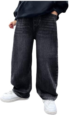 Baggy Jeans Jungen Straight Jeanshose Elastische Mit Taille Stretch Mode Denim Hosen Loose Fit Denim Vintage Hosen Lässige Weitem Bein Jeanshose Streetwear (11-12 Years)