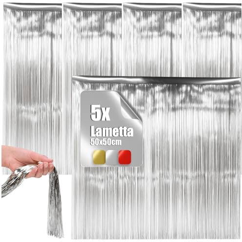 com-four® 5X Lametta, silberfarbene Lametta Girlande für Weihnachten | Christbaumschmuck für den Tannenbaum - Lametta-Vorhang mit glatten Fäden