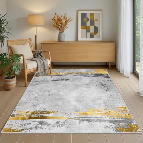 WQMMD Grau Teppich Wohnzimmer 140x200cm Hellgrau mit Gold | Rutschfest, Waschbar, Kurzflor, Modern Abstrakt, Für Schlafzimmer, Esszimmer, Küche, Büro, Apartment