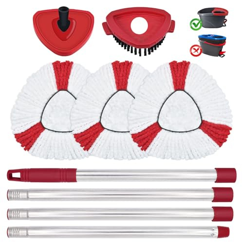 DLAIMI Spin Replacement mop head,Rotate Mop Base,Cleaning Brush, MOP Handle Compatible With Vileda (Red-3)