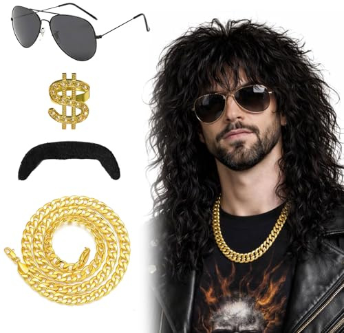 GWAWG Black Rocker Wig Set, Rocker Punk Popstar Wig, 80s Disco Sunglasses, Punk Pop Star Mules, Fake Gold Chain Necklace, Hip Hop Ring and Beard, Curly Mullet Set for Party, Halloween, Carnival