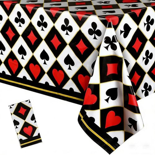 Ovanda Casino Tischdecke, 274 x 137 cm Schwarze Poker Tischdecke, Rot Schwarz Casino Deko, Las Vegas Nachtparty Geburtstag Dekorationen, Geeignet für Casinodeko Party, Geburtstagsparty Dekorationen