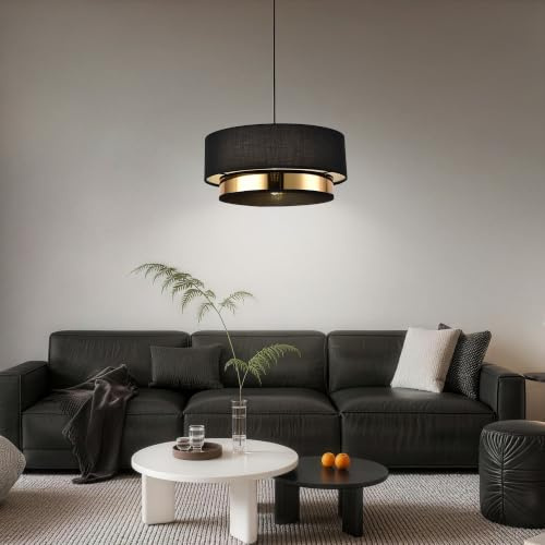 MinteVolt Hängelampe Ø40cm Dunkelgrau Gold- Pendelleuchte mit Stoffschirm | Deckenleuchte Hängend Höhenverstellbare Doppelring-Design für Esstisch & Wohnzimmer, E27-blendarmes Licht - ohne Glühbirne