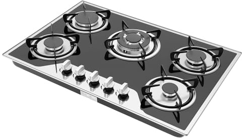 Piano cottura a gas 5 fuochi vetro mungitura 77 5x51cm, piastra a gas 5 bruciatori 3-2 75-1 75-1kw per cucina casa ristorante, fornello a gas 5 fuochi accensione elettronica