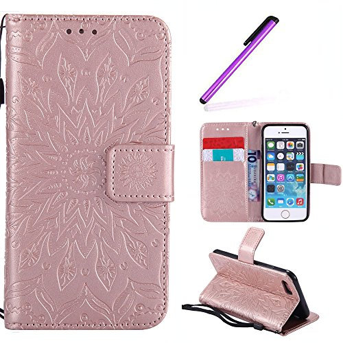 iPhone 5 / 5S / SE case HMTECH Soft PU Leather Sunflower Mandala Flower Embossing Kickstand Card Holder Slot Slim Flip Protective Wallet Cover for iPhone SE / 5S / 5,Mandala Flower,Rose Gold
