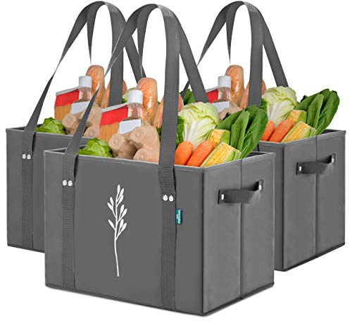 Einkaufstaschen, robust, zusammenklappbar, wiederverwendbar, mit ausklappbarem verstärktem Boden 10.5H x 10W x 14.5L grau