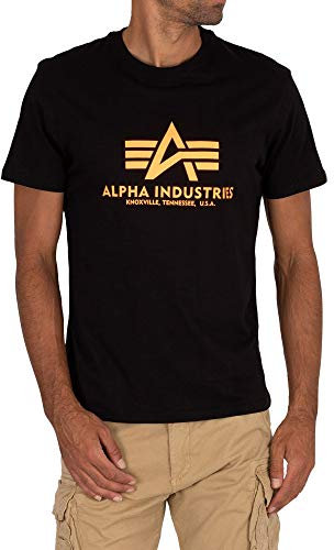 Alpha Industries Herren Basic Print T-Shirt, Black/Neon Orange, L